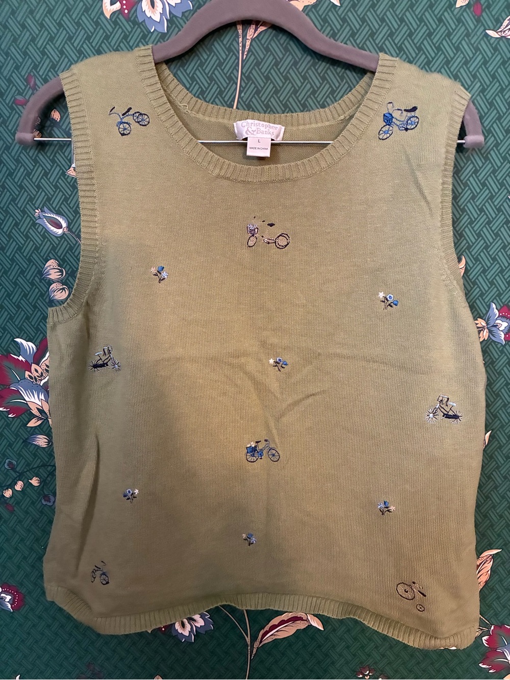 Christopher & Banks Olive Green Embroidered Bicycle Knit Tank
